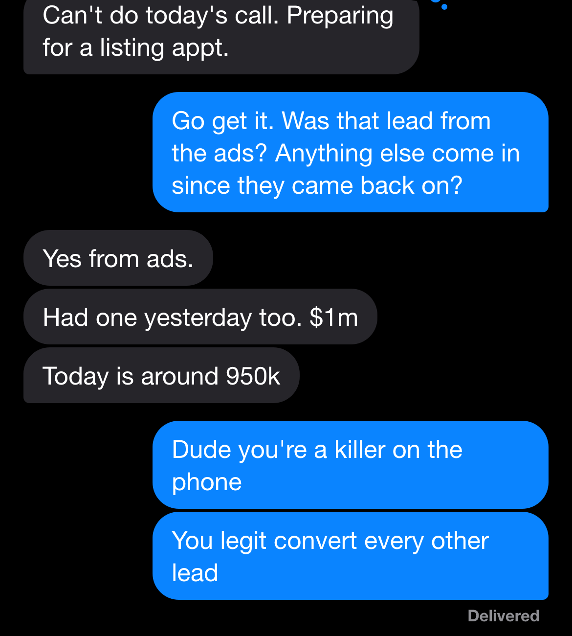 Text thread: listing appointment from the ads, two high-value leads