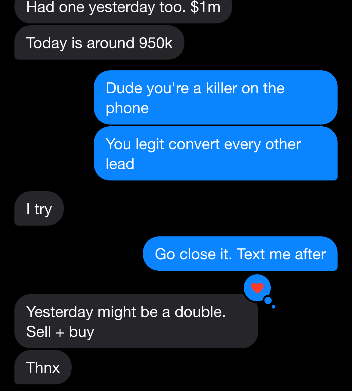 Text thread: follow-up on booked sellers